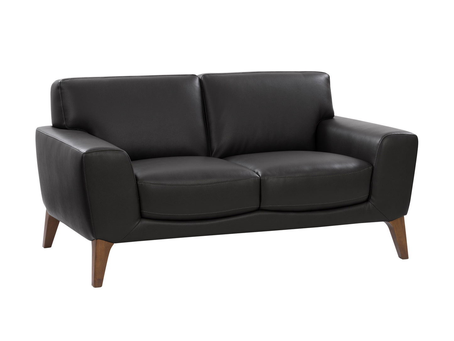 Modern gray loveseat with sleek wooden legs, tufted cushions, and soft fabric upholstery, perfect for contemporary living rooms.