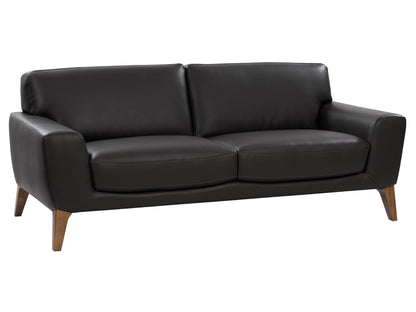 Brown faux leather sofa with sleek design, tufted backrest, and wooden legs. Ideal for modern living rooms, this comfortable and stylish sofa adds a touch of elegance and sophistication to your home decor.