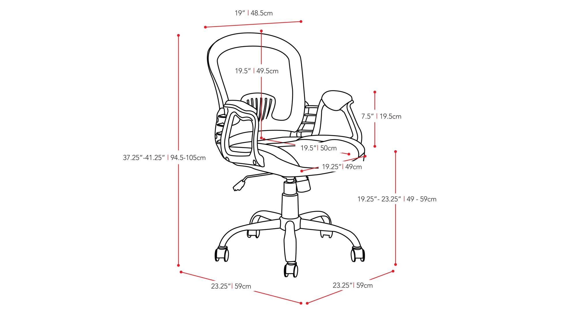 red Mesh Office Chair Quinn Collection measurements diagram by CorLiving#color_red