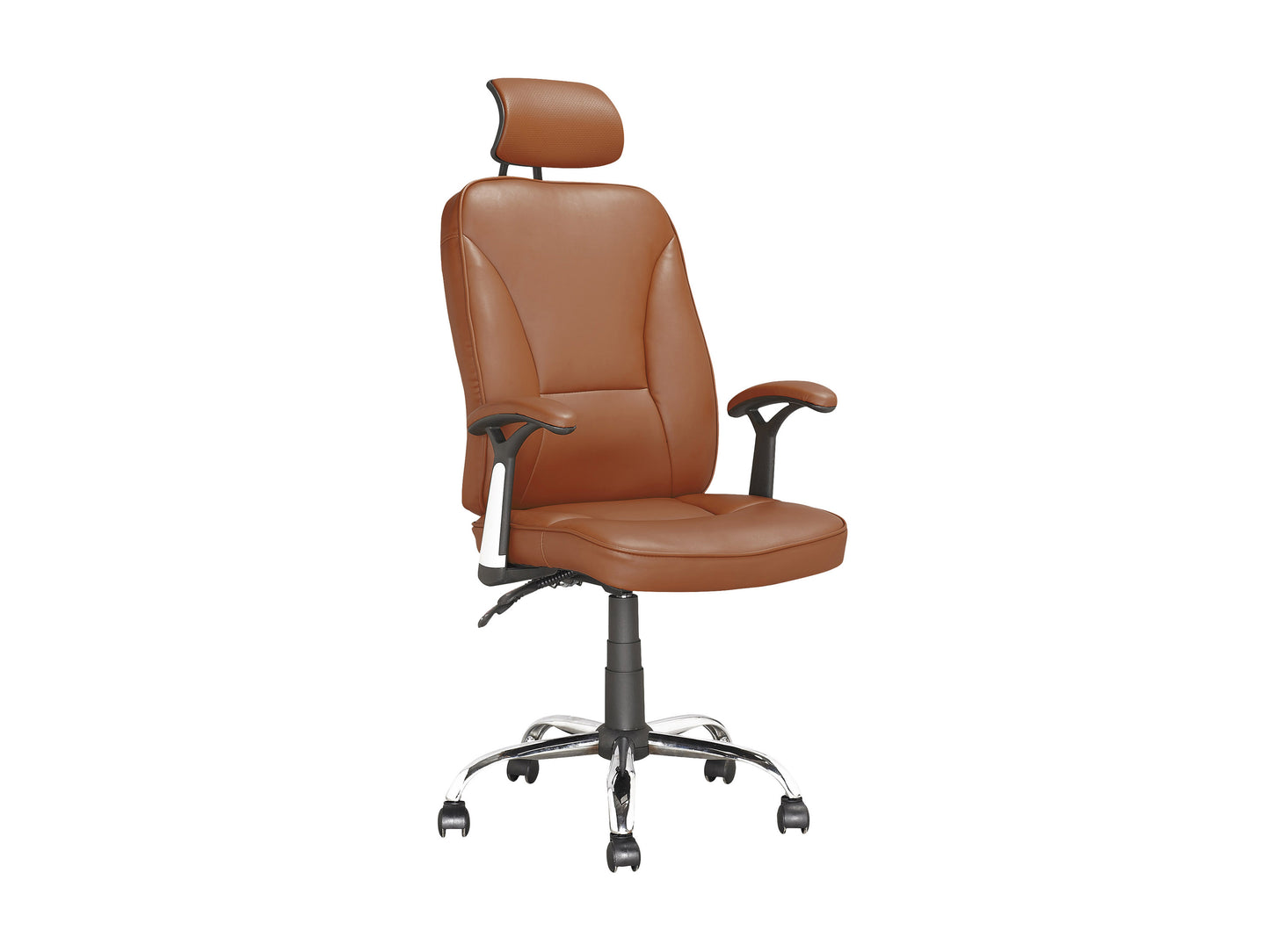 Ergonomic reclining office chair with black leather upholstery, padded armrests, adjustable headrest, and lumbar support on a sturdy metal frame with caster wheels.