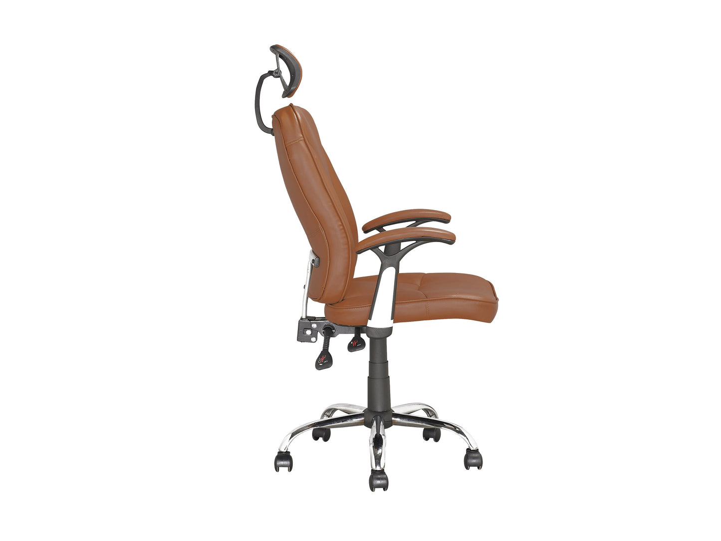 Modern office chair with brown leather upholstery, tufted backrest, and cushioned seat on a polished chrome swivel base with caster wheels, ideal for ergonomic support and stylish office decor.