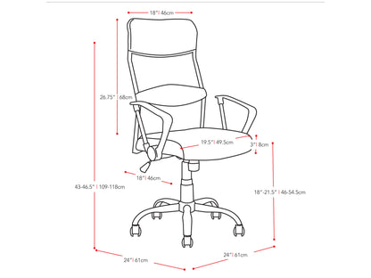 Ergonomic high back office chair with black mesh fabric, adjustable armrests, lumbar support, and a five-star chrome base with caster wheels.