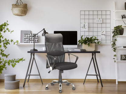 Modern gray office chair with ergonomic design, adjustable armrests, and lumbar support, featuring a breathable mesh backrest and padded seat cushion, ideal for home or professional workspace.