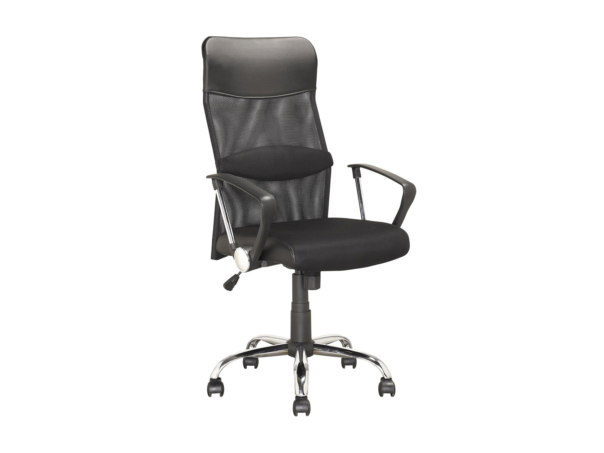 Ergonomic black leather office chair with high back support, padded armrests, and adjustable height; sleek chrome base with five caster wheels for mobility and comfort in a modern workspace.