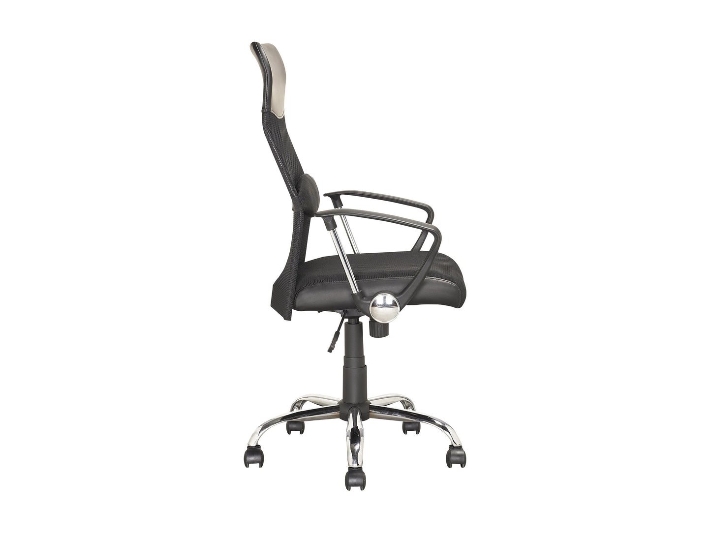 Modern office chair with ergonomic design, featuring a black mesh backrest, padded seat cushion, adjustable armrests, and a sturdy metal base with caster wheels for mobility.