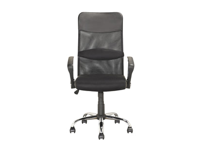 Ergonomic office chair with black mesh back, adjustable armrests, lumbar support, and cushioned seat on a five-wheel base, designed for comfort and productivity in home or office settings.