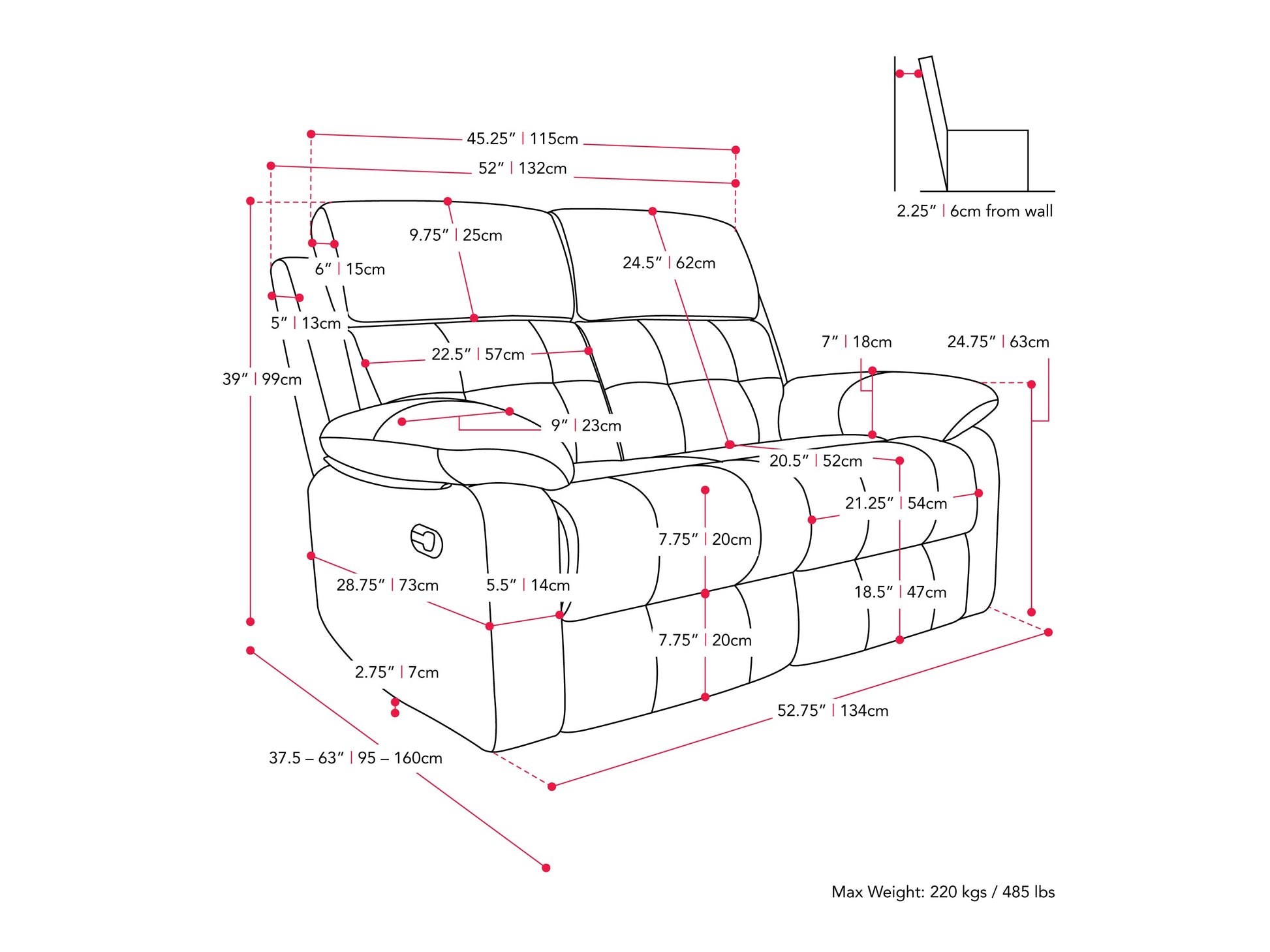 dark grey 2 Seater Recliner Sofa Oren Collection measurements diagram by CorLiving#color_dark-grey