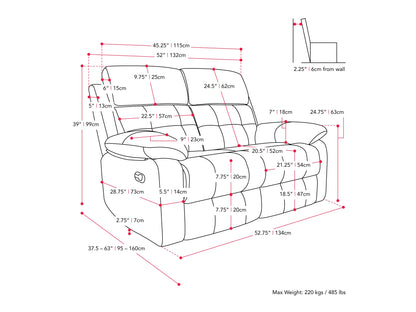 dark grey 2 Seater Recliner Sofa Oren Collection measurements diagram by CorLiving#color_dark-grey