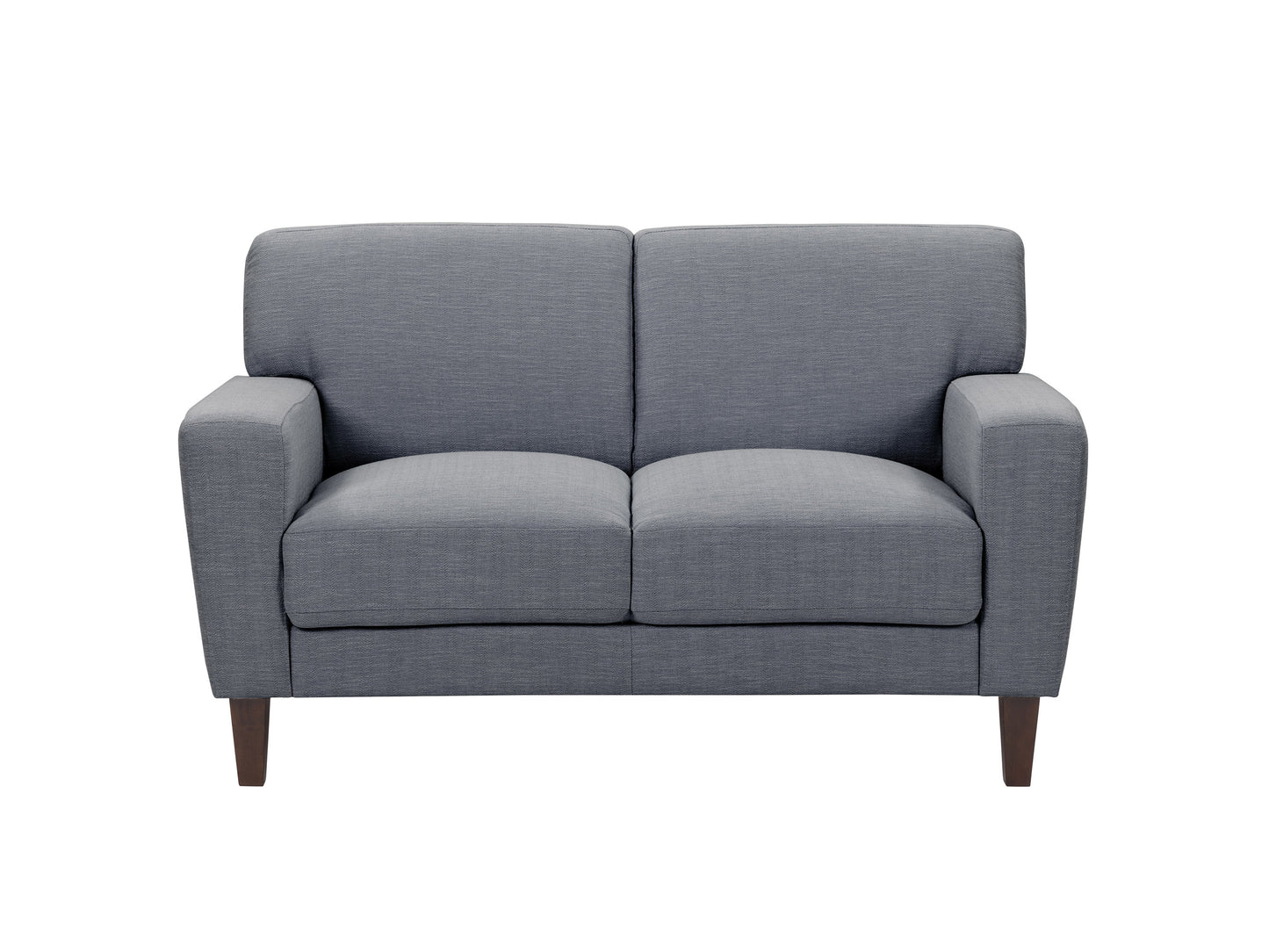 Gray fabric loveseat with wooden legs, tufted backrest, and sleek modern design. Ideal for contemporary living rooms or offices. Comfortable seating with durable upholstery and minimalist style.