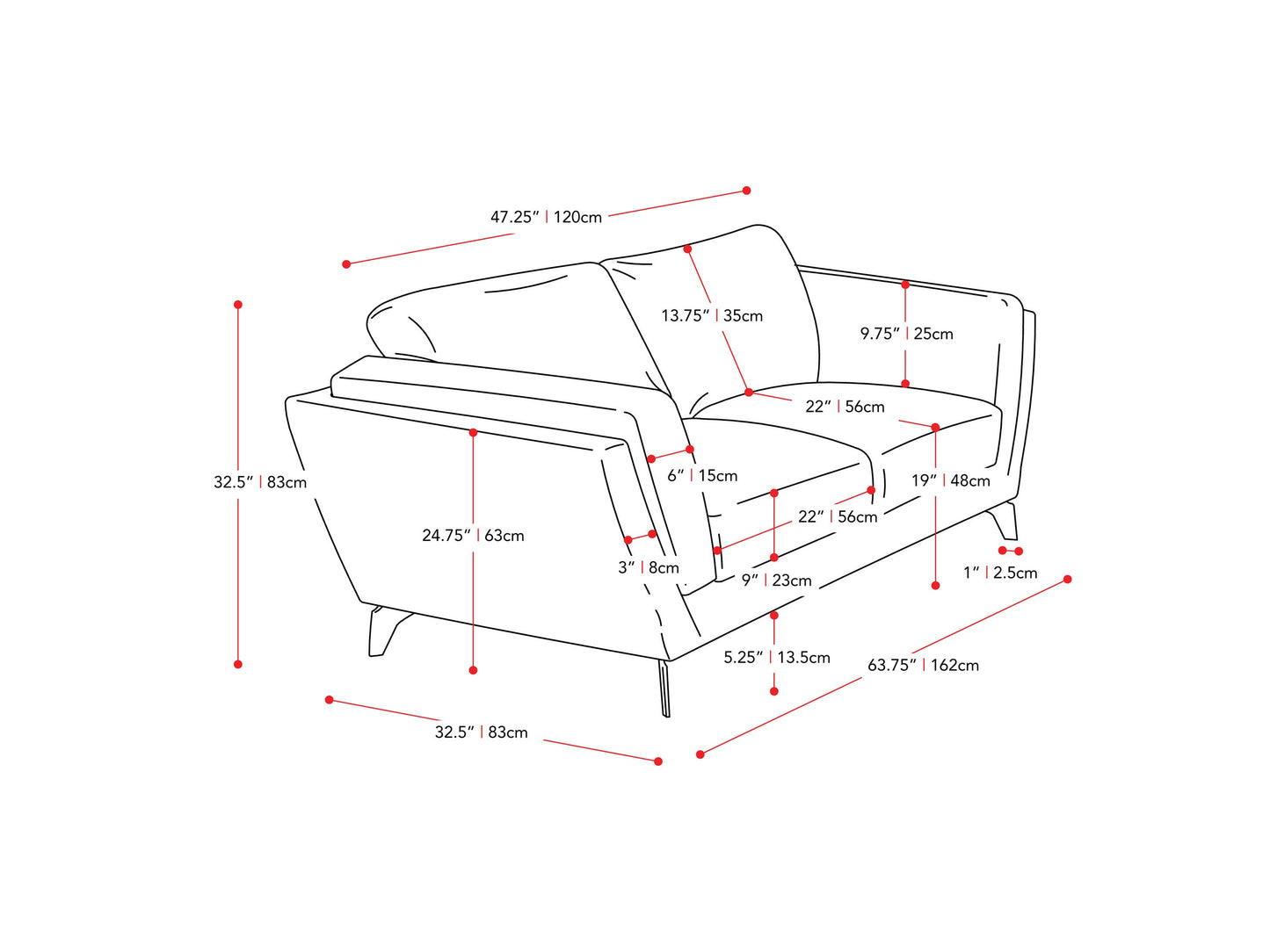 deep blue 2 Seat Sofa Loveseat Lansing Collection measurements diagram by CorLiving#color_lansing-deep-blue