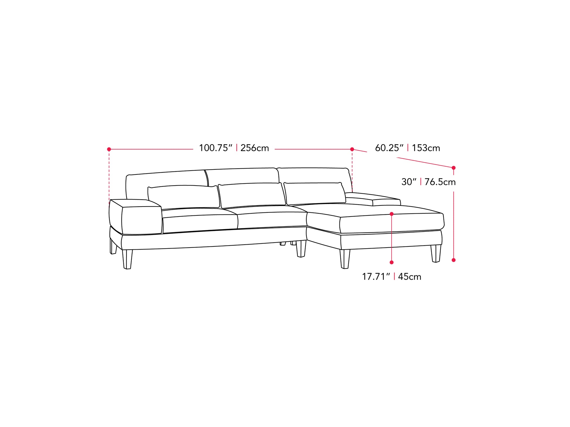 blue Modern Sectional Sofa, Left Facing Ava collection measurements diagram by CorLiving#color_blue