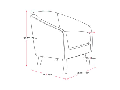 Gray fabric tub chair with wooden legs, featuring a curved backrest and cushioned seat, perfect for modern living rooms or office spaces.