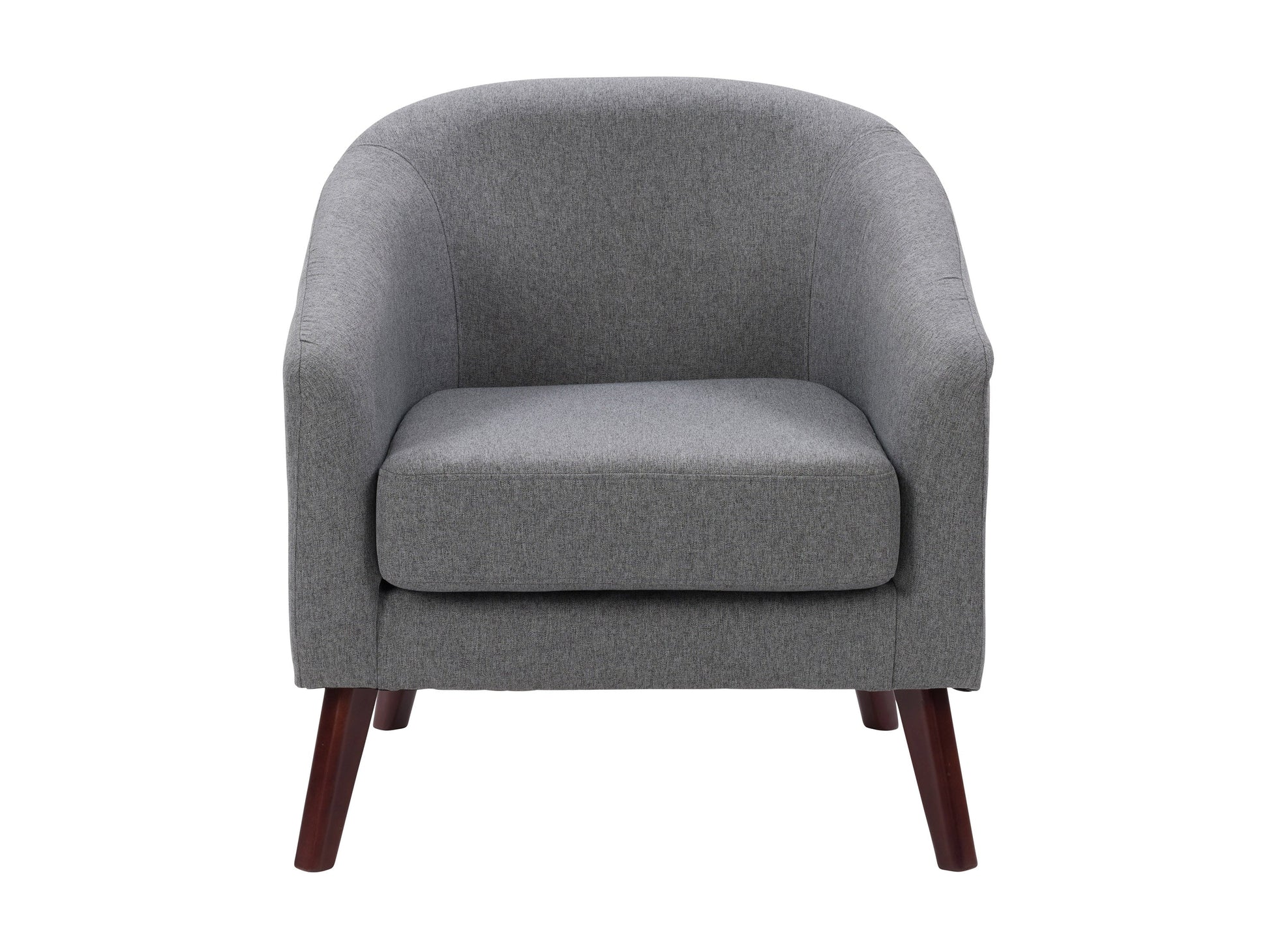 Gray accent chair with tufted backrest, wooden legs, and soft fabric upholstery, perfect for living room or office decor.