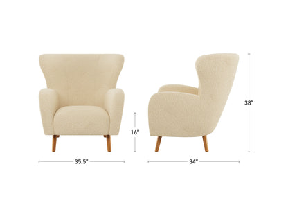 Cream boucle wing accent chair with wooden legs and plush upholstery, featuring a high backrest, tufted design, and curved armrests, perfect for modern living rooms or cozy reading nooks.