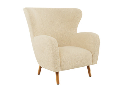 Mid-century modern accent chair with a sleek wooden frame, upholstered in soft, light grey fabric, featuring a high backrest and comfortable armrests. Ideal for living rooms or office spaces.