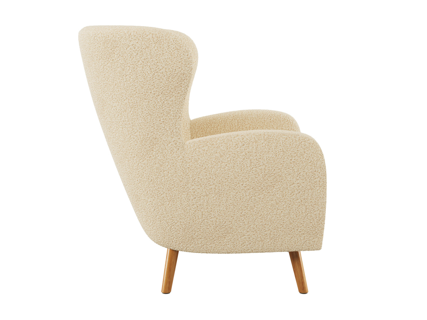 Boucle Wing Accent Chair with curved backrest, upholstered in soft white boucle fabric, featuring sleek black metal legs and a minimalist design perfect for modern living rooms or reading nooks.