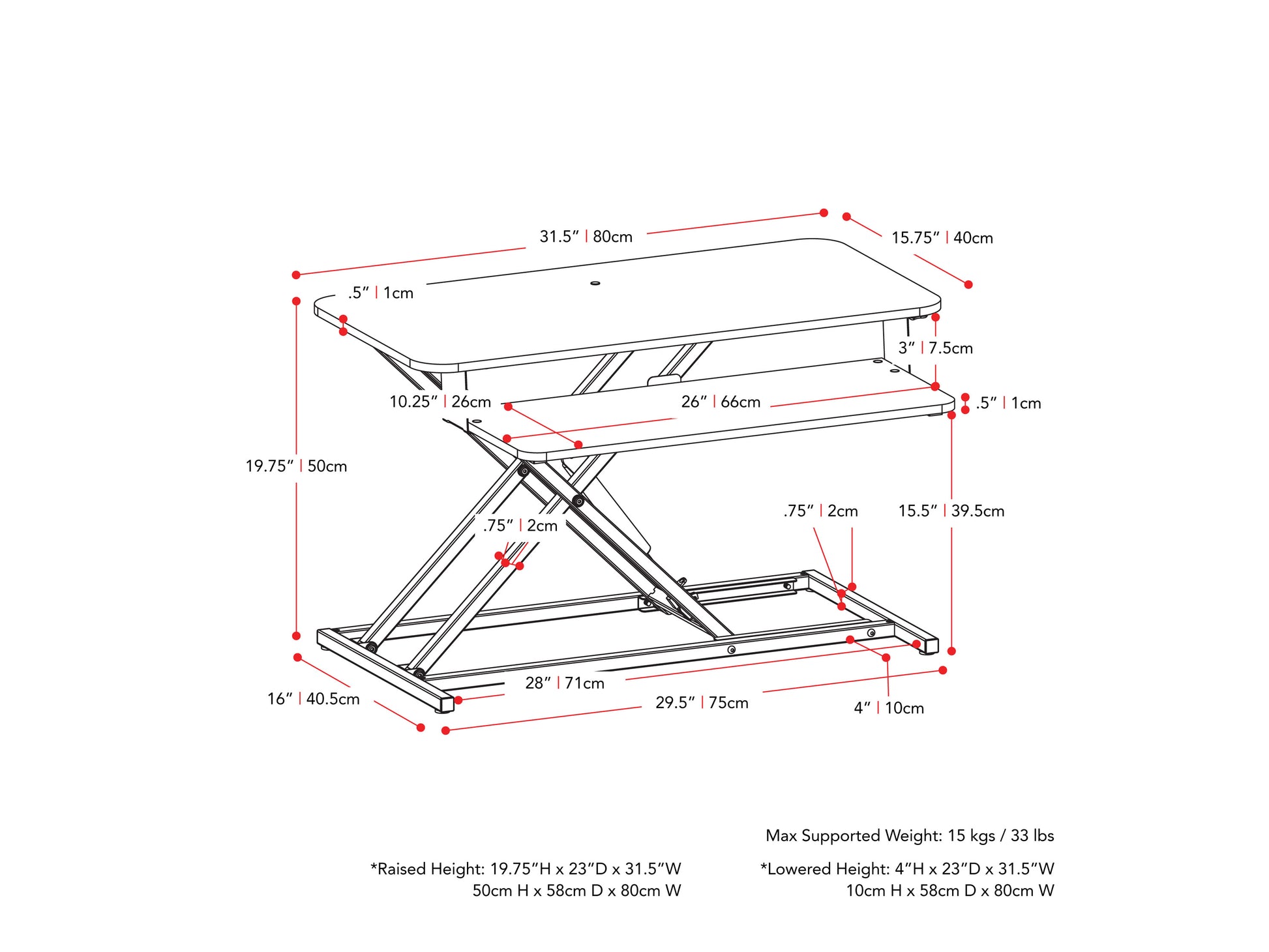 black Standing Desk Converter Workspace Collection measurements diagram by CorLiving#color_black