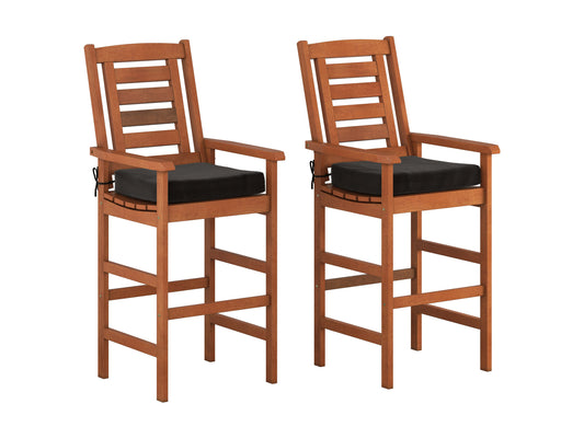 Modern patio bar stool with a sleek black metal frame, light brown wooden seat, and backrest. Features a minimalist design with clean lines, ideal for outdoor bar settings. Weather-resistant materials.