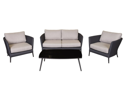 Black metal patio conversation set with four pieces, including two chairs with beige cushions, a loveseat, and a glass-top coffee table, perfect for outdoor relaxation and entertaining.