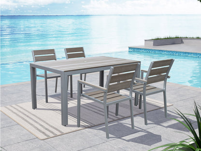 Black metal patio dining set with rectangular table and six cushioned chairs, featuring beige cushions and a sleek, modern design, perfect for outdoor dining and entertaining.