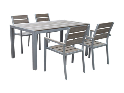 Modern Outdoor Patio Dining Set, 5-piece, featuring a rectangular wooden table with a natural finish and four matching chairs with gray cushioned seats, perfect for alfresco dining and entertaining.