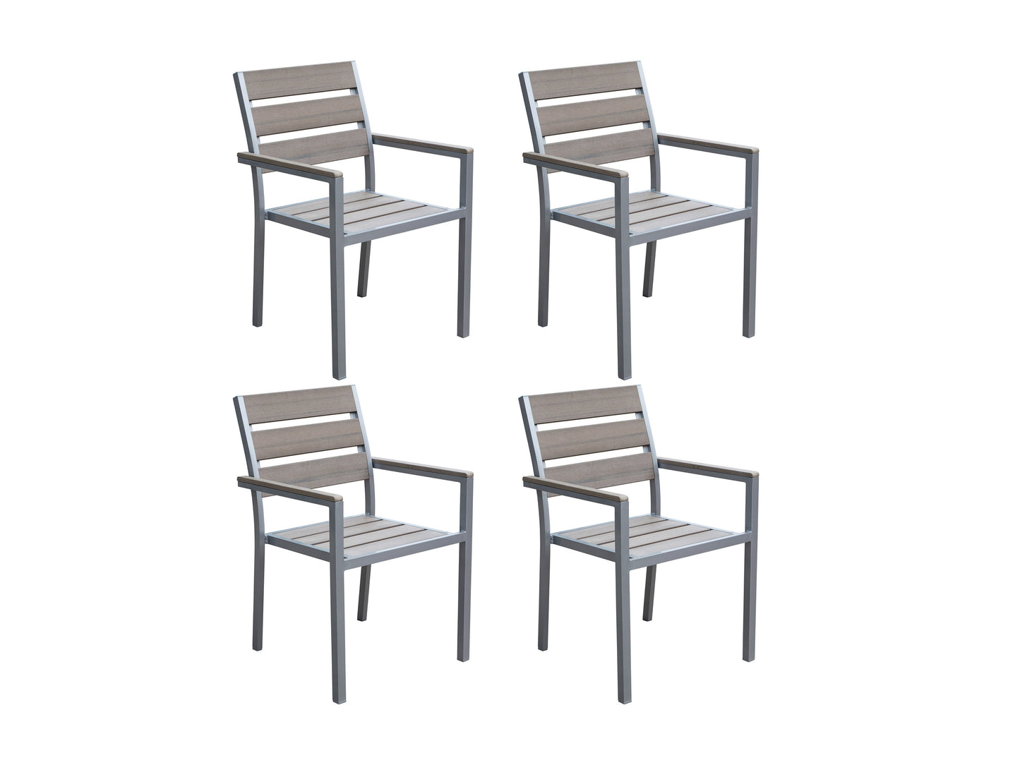 White patio dining set with rectangular table and six cushioned chairs, featuring a sleek aluminum frame and wooden slat tabletop, perfect for outdoor gatherings and modern garden decor.