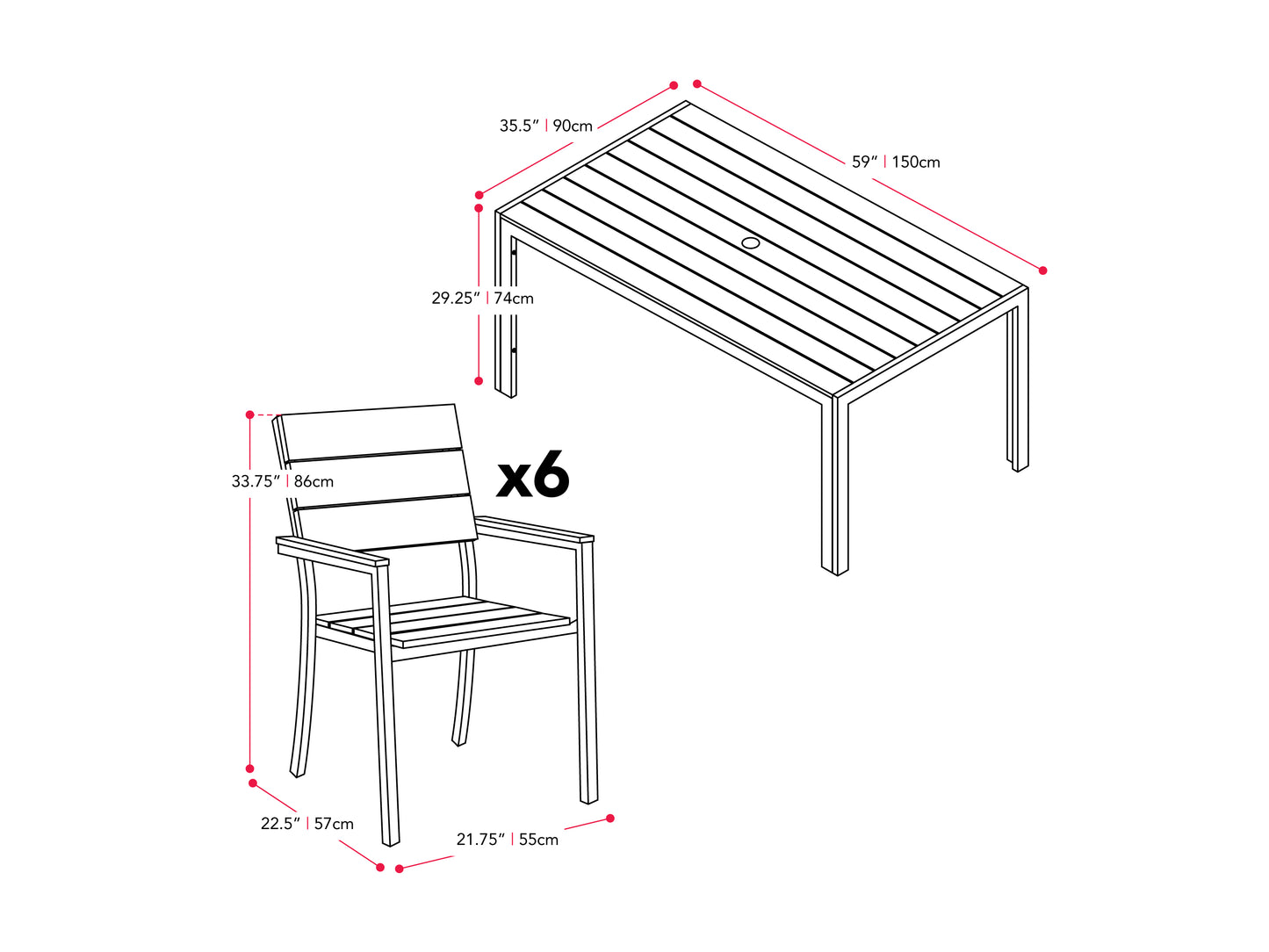 Modern patio dining set with a rectangular wooden table and six cushioned chairs in gray and black, featuring weather-resistant materials, sleek metal frames, and a minimalist design suitable for outdoor use.