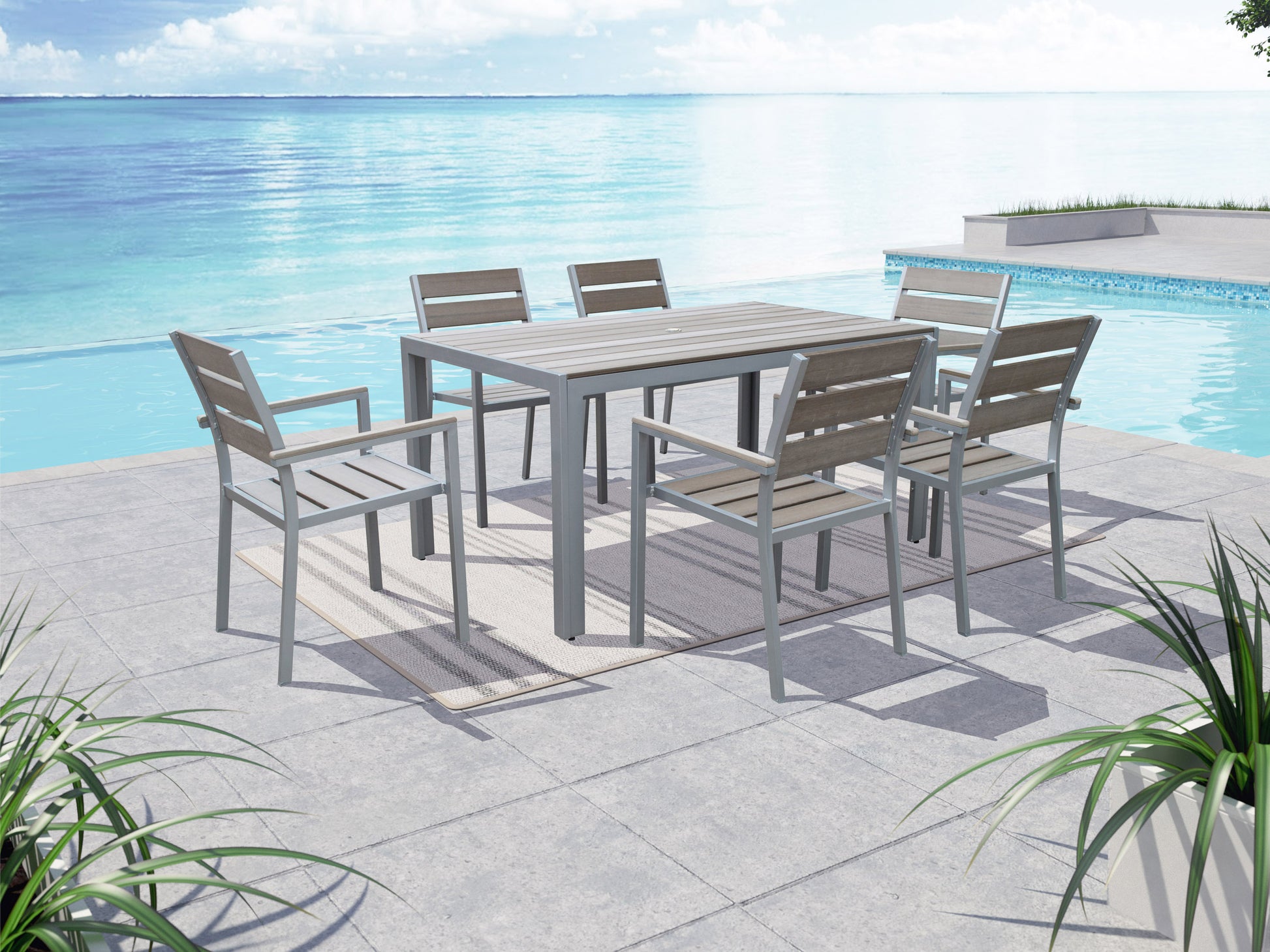 Outdoor patio dining set with 6 grey cushioned chairs and a rectangular wooden table on a stone patio, featuring sleek metal frames and a modern design, perfect for garden or backyard dining.