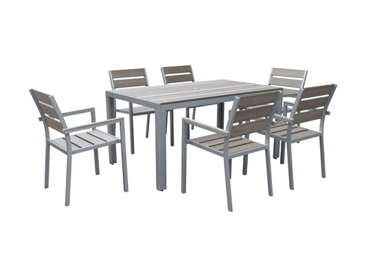 Modern patio dining set with a rectangular wooden table, six cushioned chairs in beige, and a sleek black metal frame, perfect for outdoor dining and entertaining.