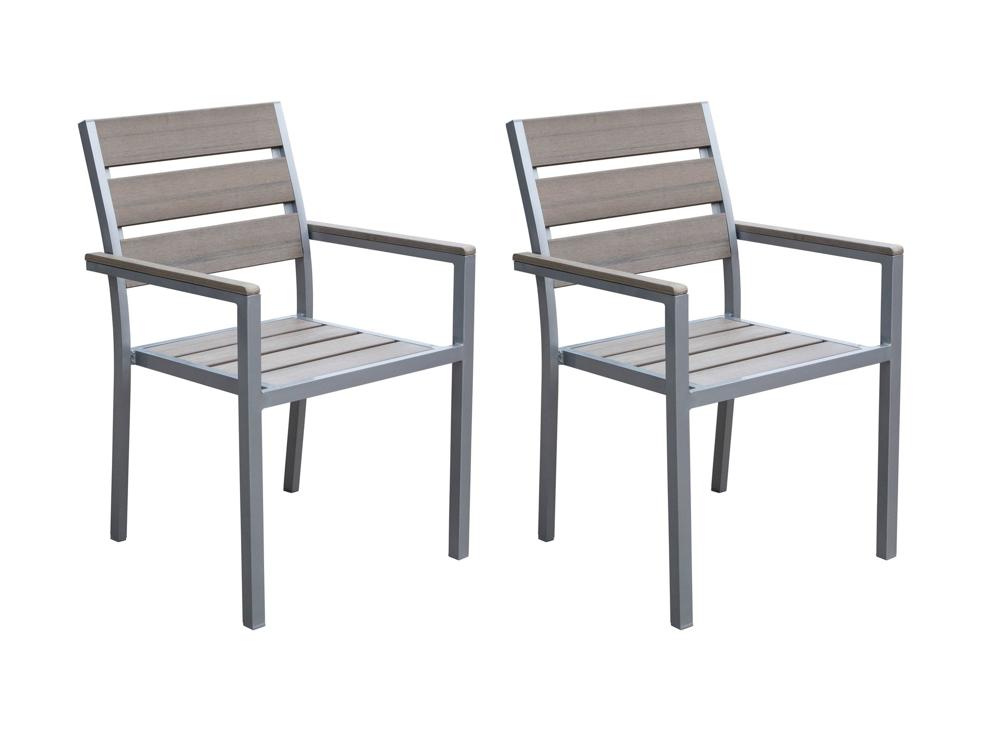 Outdoor patio dining set with a rectangular wooden table and six gray cushioned chairs, featuring a sleek, modern design, perfect for garden or backyard gatherings.