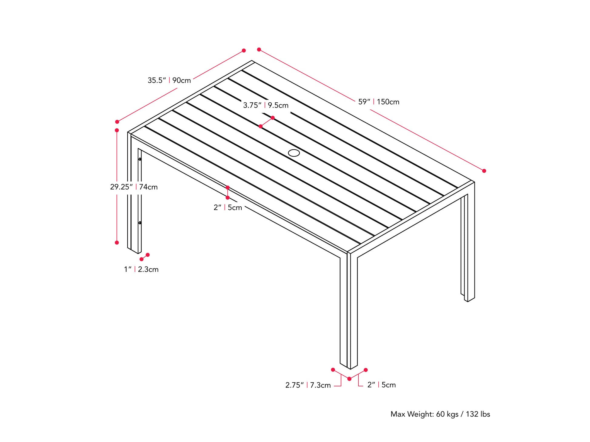 charcoal grey Rectangle Outdoor Dining Table Gallant Collection measurements diagram by CorLiving#color_charcoal-grey