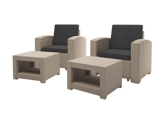 Modern patio conversation set with beige cushions, dark brown wicker frame, and glass-top coffee table. The set includes a loveseat, two armchairs, and a table, perfect for outdoor relaxation and entertaining.