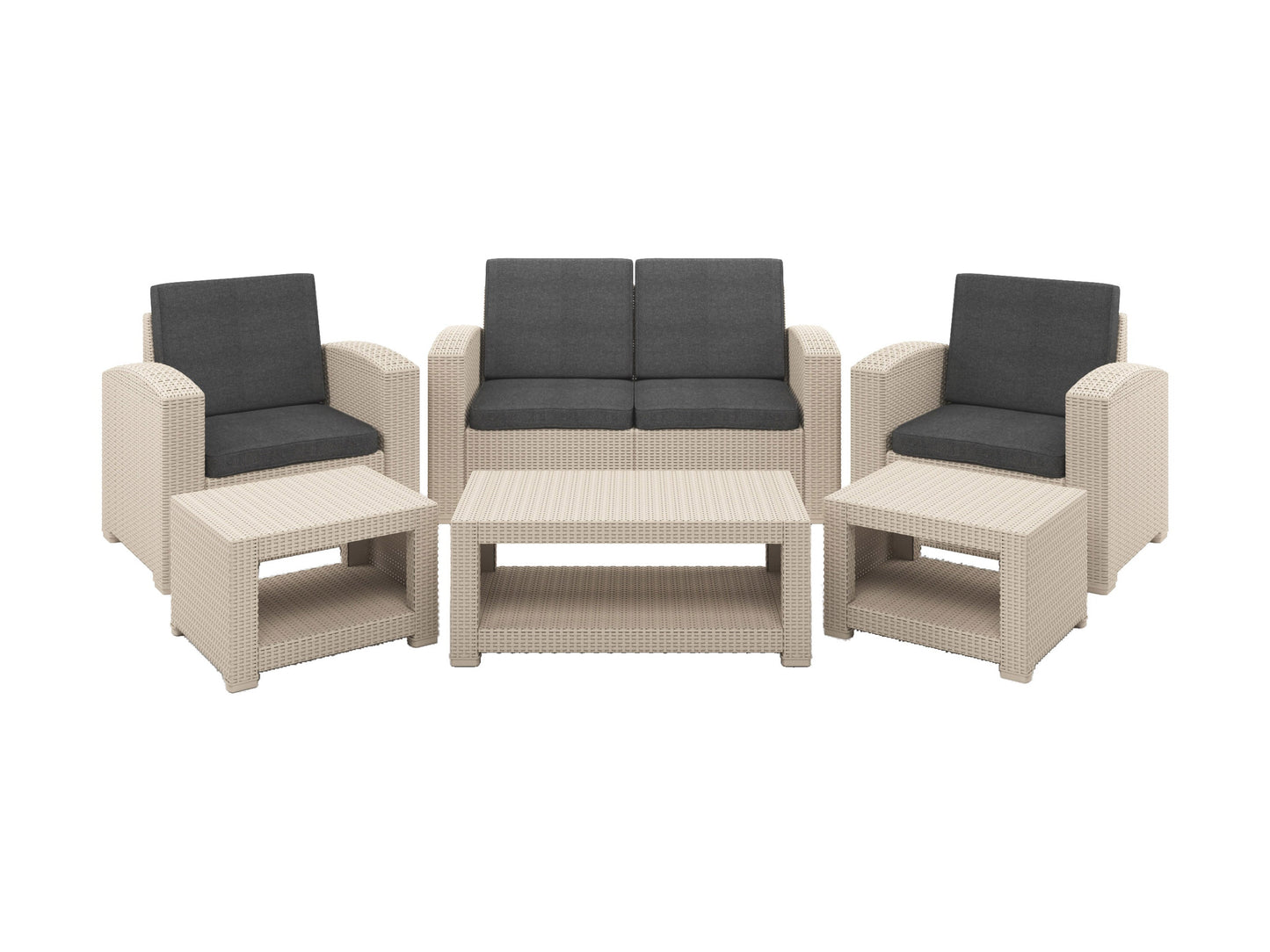 Modern patio conversation set with gray wicker frame, plush white cushions, and tempered glass coffee table, set on a wooden deck. Ideal for outdoor lounging and entertaining.