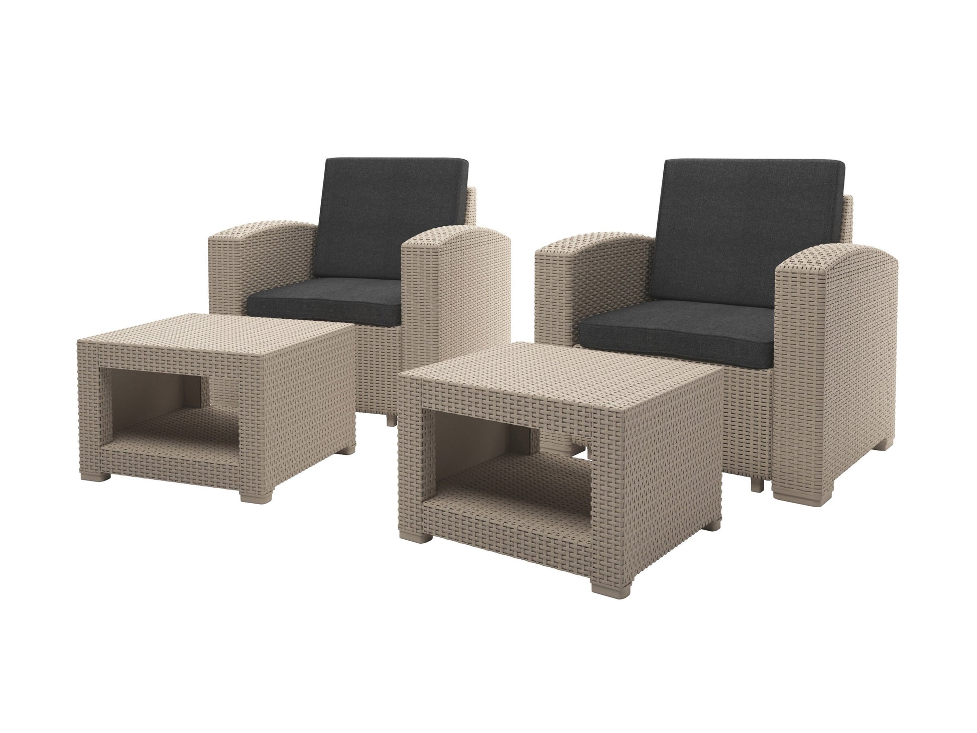 6 piece patio conversation set with gray wicker, beige cushions, glass-top coffee table, and matching armchairs, designed for outdoor use, perfect for garden or backyard lounging.