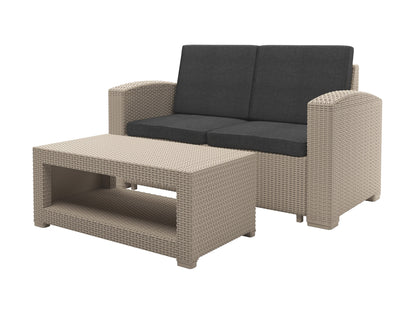 Four-piece patio conversation set with beige cushions and dark brown rattan frames, featuring a glass-top coffee table and two armchairs with matching loveseat, perfect for outdoor lounging and entertaining.