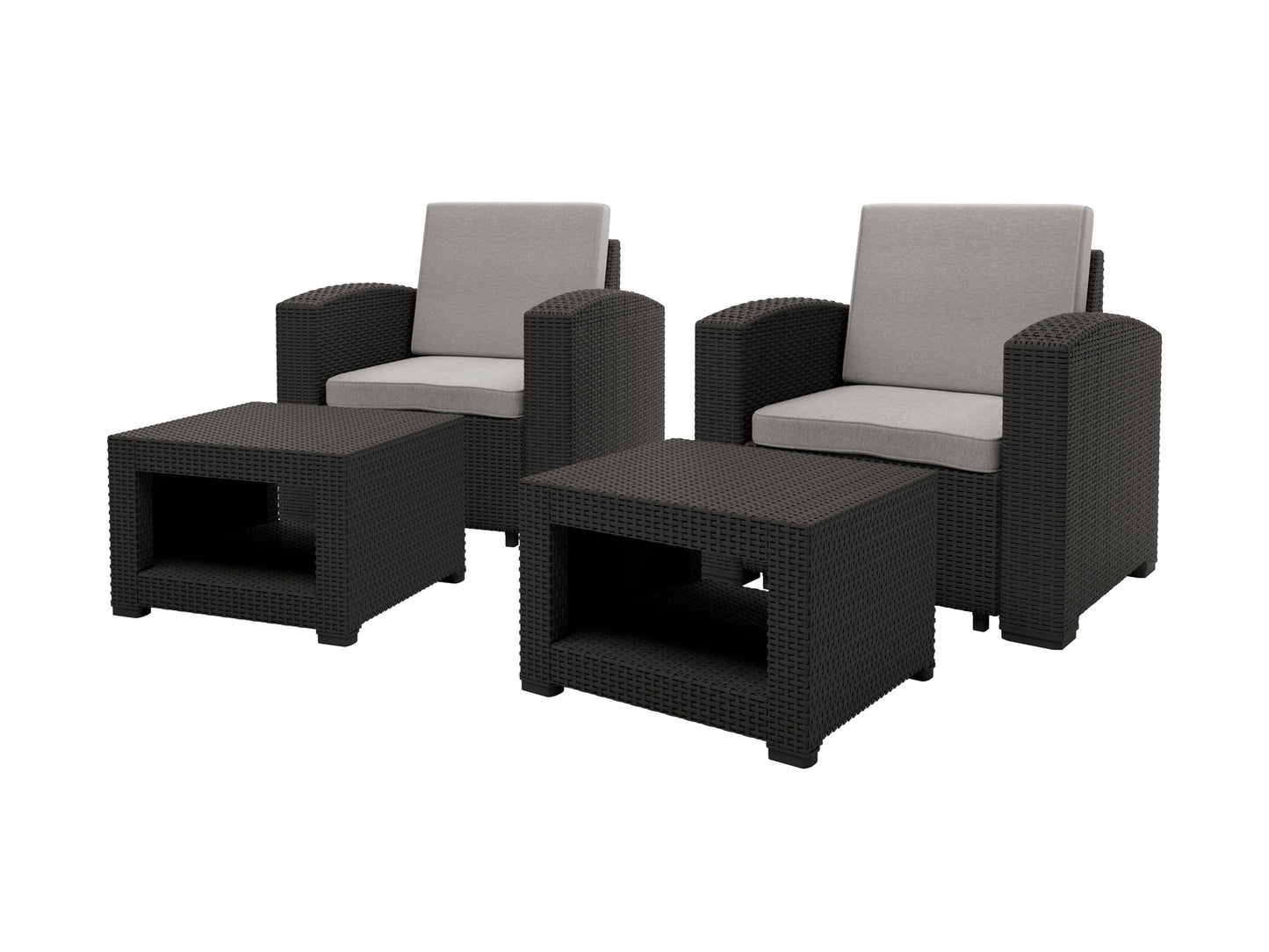 Gray wicker patio conversation set with beige cushions, including a loveseat, two armchairs, and a glass-top coffee table. Ideal for outdoor lounging and entertaining. Durable, weather-resistant materials.