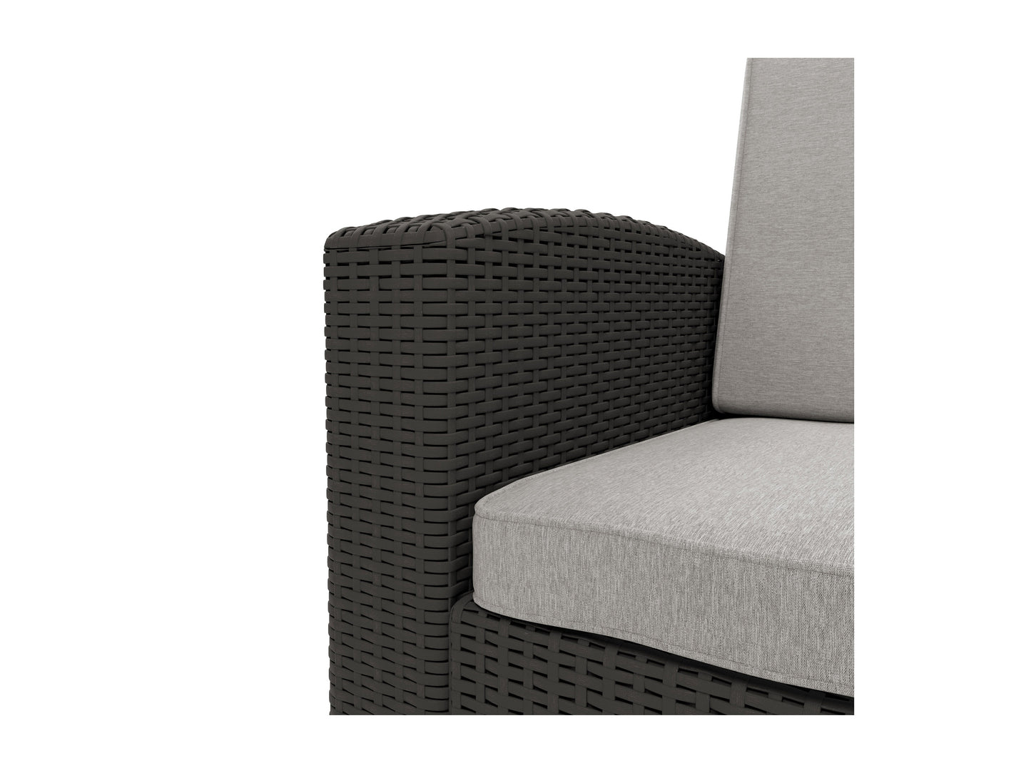 Gray wicker patio conversation set with two cushioned chairs, matching ottomans, and a glass-top side table. Ideal for outdoor relaxation and stylish garden seating.