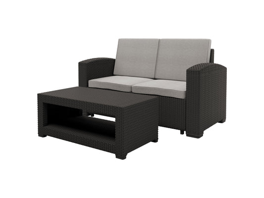 Outdoor wicker loveseat with beige cushions, featuring a sturdy black steel frame, handwoven weather-resistant rattan, and a modern design perfect for patio or garden seating.