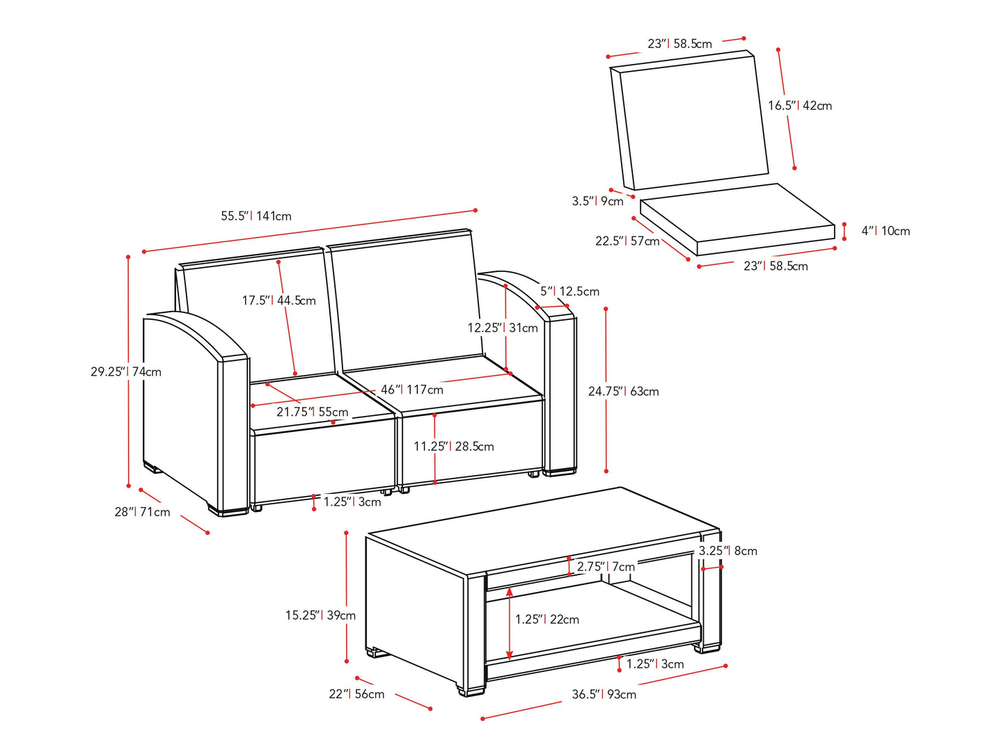 grey and black weave 6 Piece Patio Set Adelaide Collection measurements diagram by CorLiving#color_grey-and-black-weave