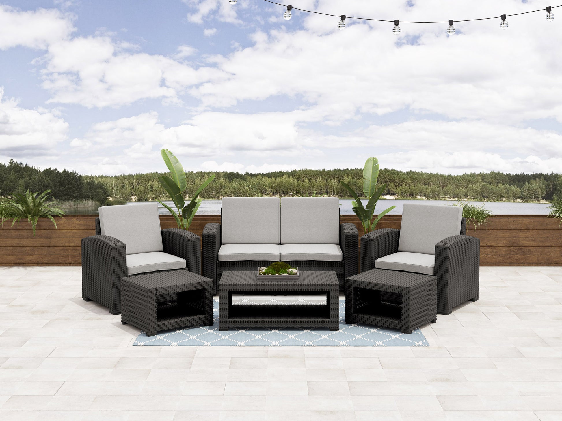 6-piece patio conversation set with beige cushions, brown wicker frame, and glass-top coffee table, ideal for outdoor lounging and entertaining.