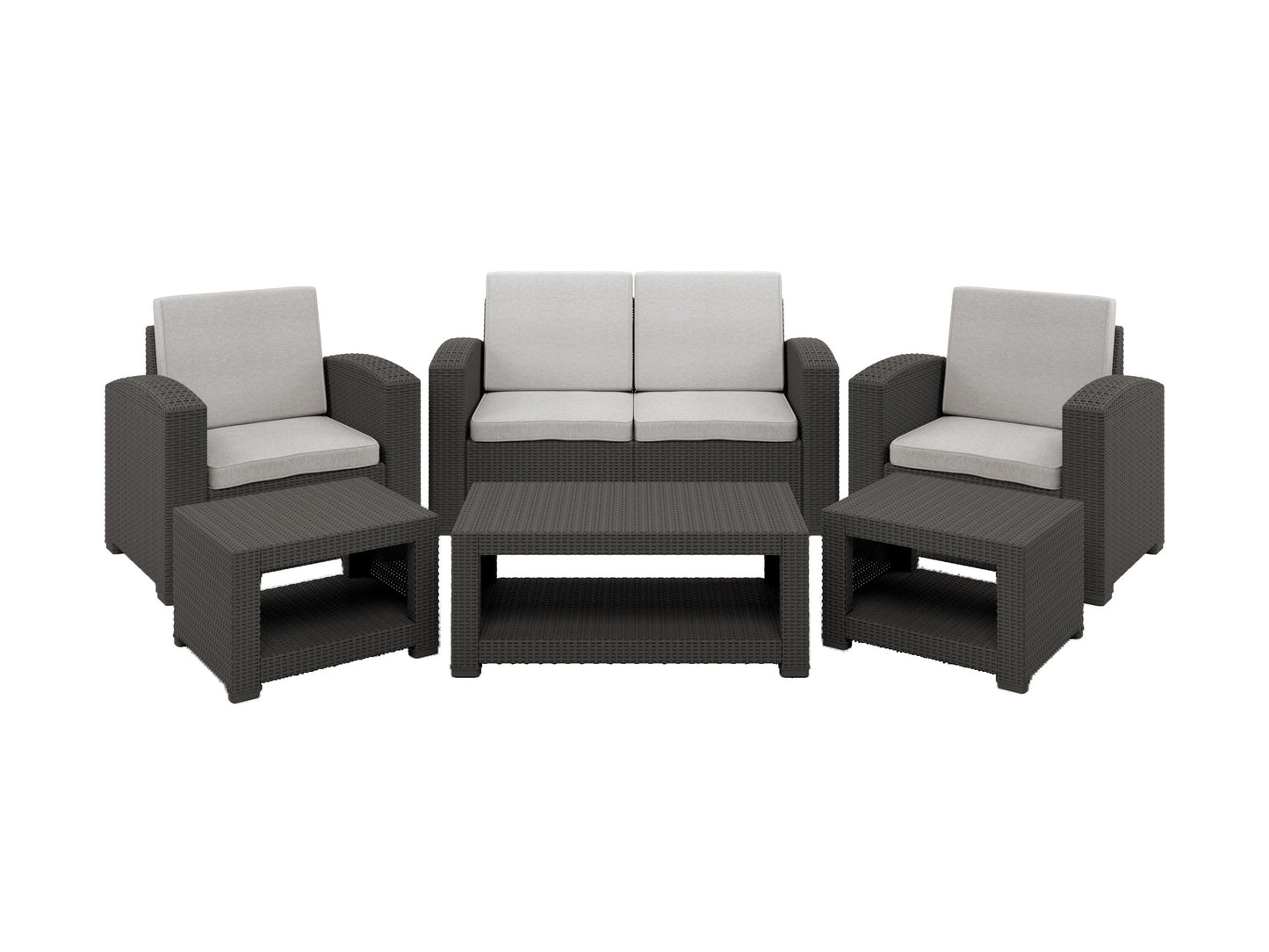 Grey wicker patio conversation set with beige cushions, featuring a glass-top coffee table and two armchairs with plush seating. Ideal for outdoor relaxation and entertaining.