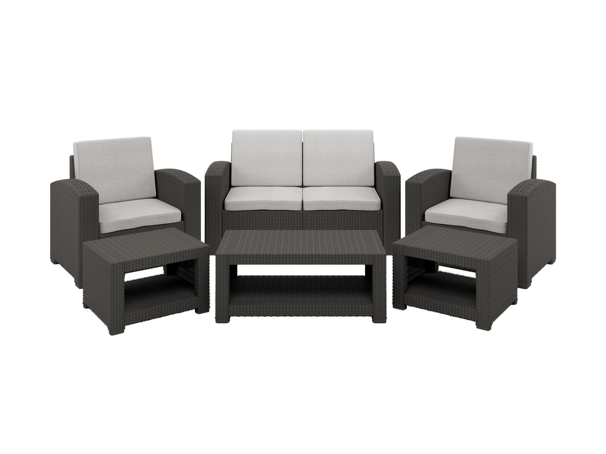 Grey wicker patio conversation set with beige cushions, featuring a glass-top coffee table and two armchairs with plush seating. Ideal for outdoor relaxation and entertaining.