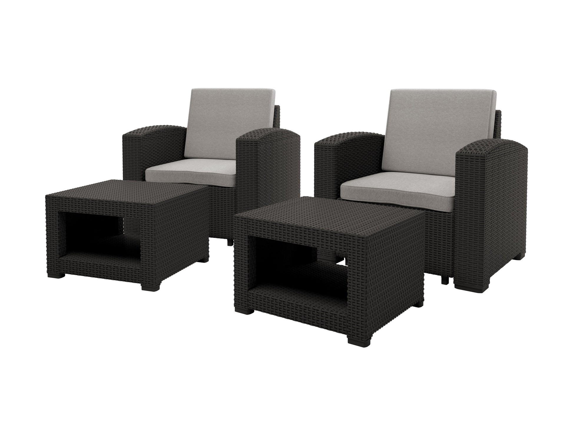 Modern patio conversation set with gray wicker frame, beige cushions, and tempered glass coffee table. Features durable materials, UV-resistant fabric, and comfortable seating for outdoor relaxation.