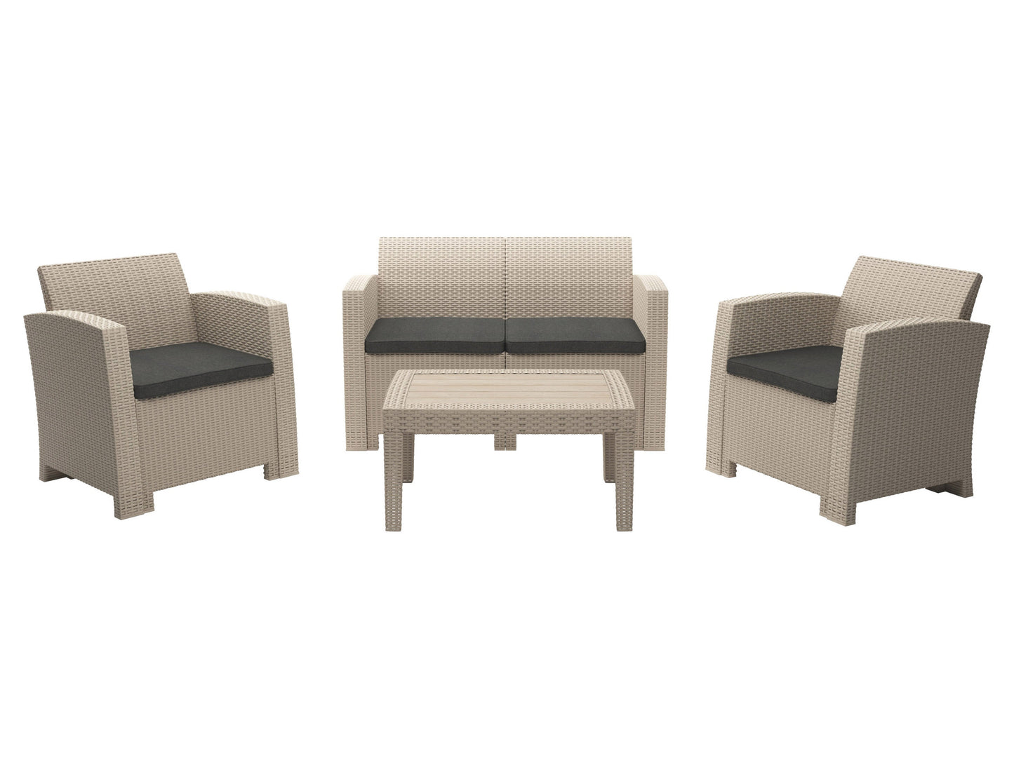 4-piece outdoor patio conversation set with beige cushions and dark brown wicker frame, featuring a loveseat, two armchairs, and a glass-top coffee table, perfect for garden or backyard lounging.