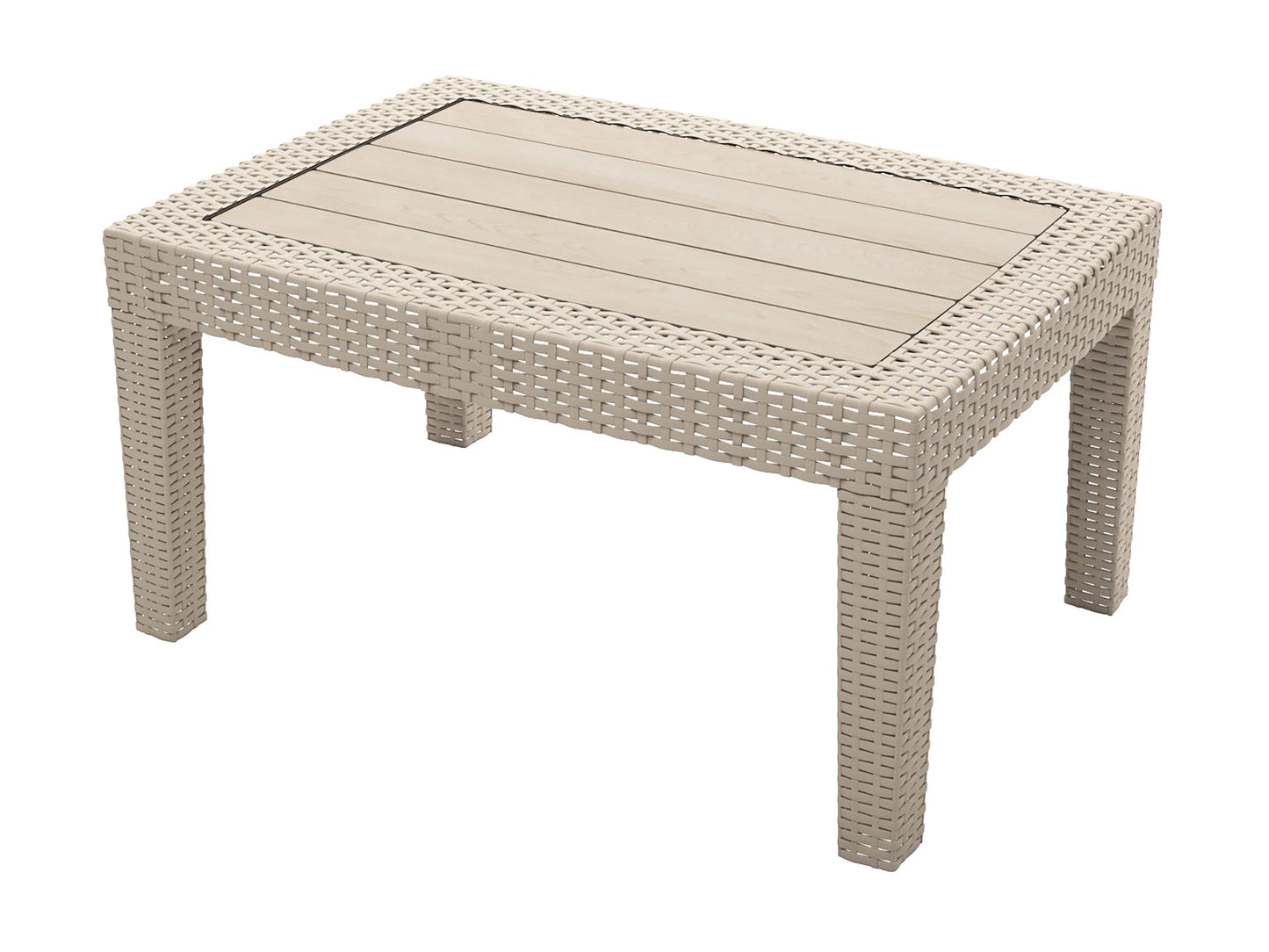 Outdoor patio conversation set, 4-piece, featuring a gray wicker sofa, armchairs with cushions, and a glass-top coffee table on a wooden deck. Ideal for outdoor lounging and entertaining.