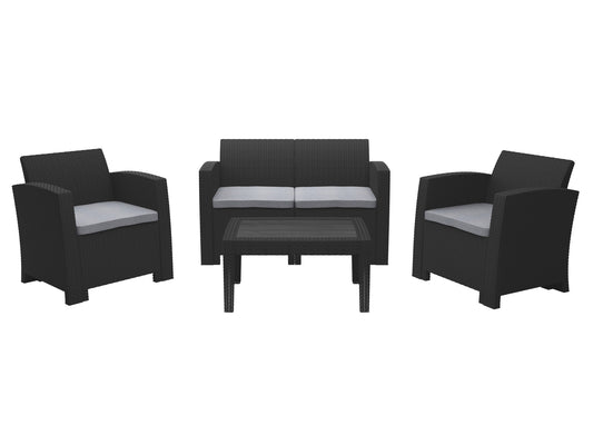 Elegant 4-piece outdoor patio conversation set with gray wicker and plush white cushions, featuring a modern glass-top coffee table, two armchairs, and a loveseat, perfect for garden or patio lounging.