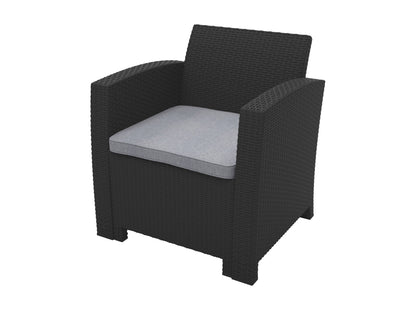 Gray wicker patio conversation set with beige cushions, featuring a loveseat, two armchairs, and a glass-top coffee table, ideal for outdoor lounging and entertaining.