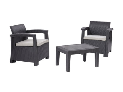 Gray wicker patio conversation set with two armchairs and a glass-top coffee table, featuring cream cushions and modern design for outdoor lounging.