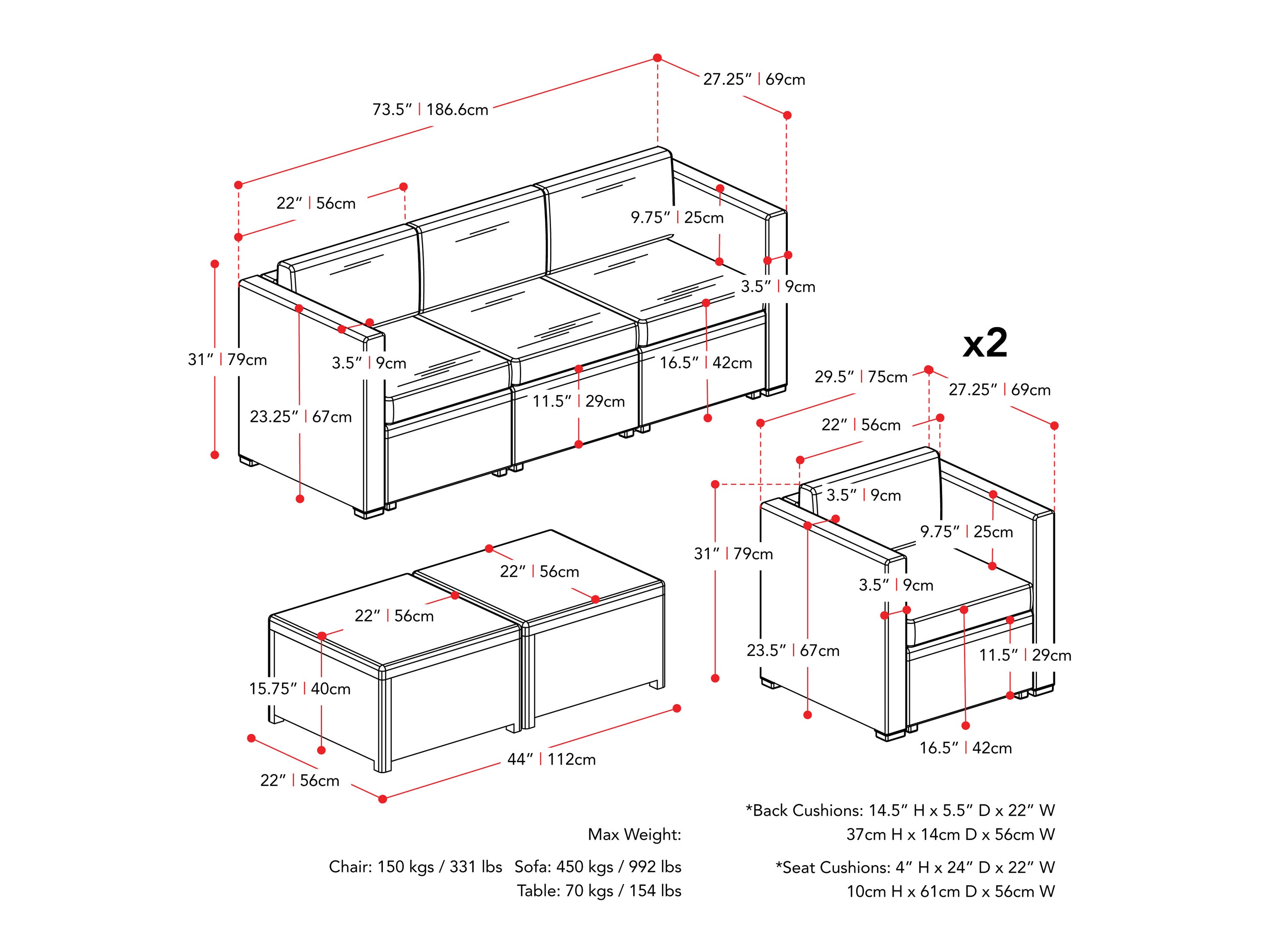 beige 5pc Patio Set Lake Front Collection measurements diagram by CorLiving#color_beige