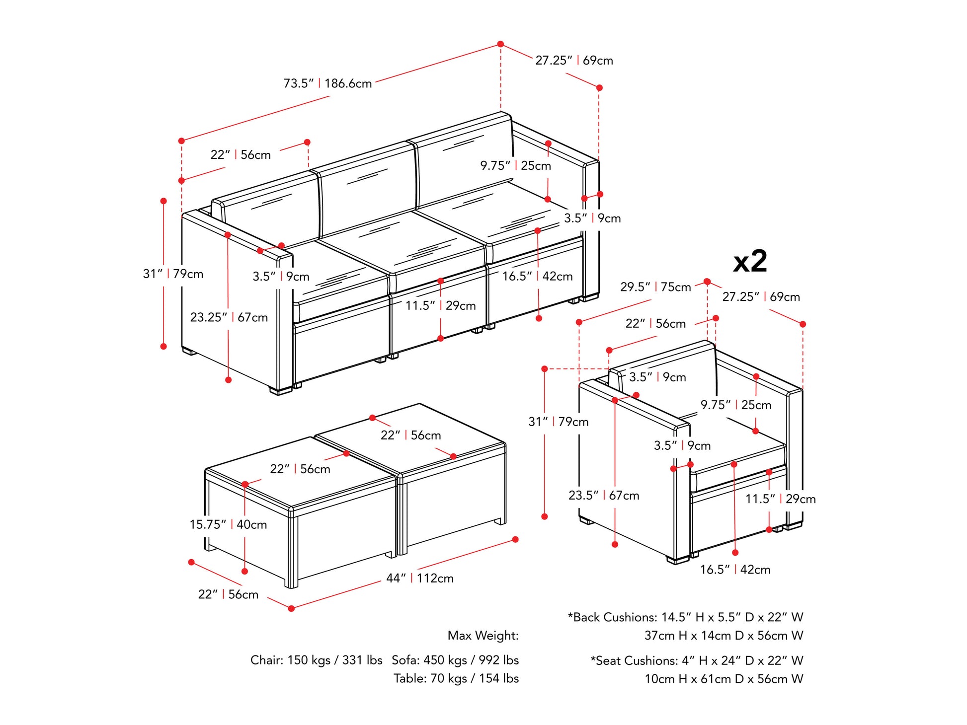 beige 5pc Patio Set Lake Front Collection measurements diagram by CorLiving#color_beige